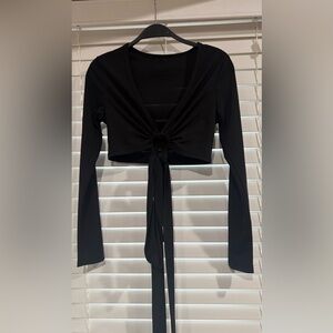 SHEIN Black Long Sleeve Tie Front Crop Blouse